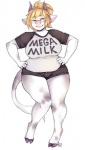 anthro big_breasts blonde_hair bottomwear breasts clothed clothing eyewear female glasses hair hand_on_hip hooves horn looking_at_viewer ponytail shirt shorts simple_background slightly_chubby smile solo text text_on_clothing text_on_shirt text_on_topwear thick_thighs topwear wide_hips cutievomit mega_milk georgina_tripplehorn bovid bovine cattle mammal english_text meme