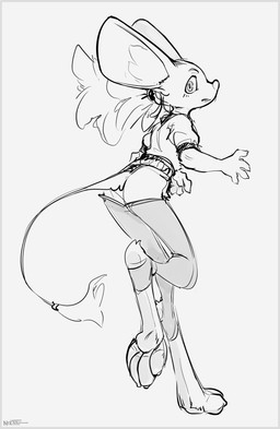 4_toes anthro big_ears big_feet border butt feet female grey_border hair long_feet looking_at_viewer looking_back ponytail solo stirrup_legwear text toes noctoc dipodid jerboa mammal rodent 2025 black_and_white english_text hi_res monochrome