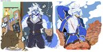 abs anthro belt biceps clothed clothing fingerless_gloves fur gloves group hair handwear male multicolored_body muscular muscular_anthro muscular_arms muscular_male pecs scar simple_background white_body wolfmalro cheong_hwan canid canine canis mammal wolf 2019 digital_media_(artwork) hi_res