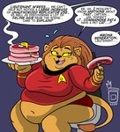 anthro beef bodily_fluids butter dairy_products dialogue female food meat obese obese_anthro obese_female offscreen_character overweight overweight_anthro overweight_female solo steak sweat text royaljellysandwich star_trek star_trek_the_animated_series m'ress alien caitian felid mammal absurd_res english_text hi_res