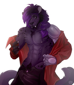 abs anthro beard breasts clothing facial_hair fangs fur genitals hair male markings muscular muscular_anthro muscular_male nipples ocular_prosthetic pecs penis penis_base presenting prosthetic prosthetic_arm prosthetic_limb purple_hair scar solo spots spotted_body taking_off_pants taking_off_shirt teeth undressing undressing_self kwiateko character_vincent_violen-bishep felid feline jaguar mammal pantherine digital_media_(artwork) hi_res