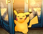 ambiguous_gender clothing daww dipstick_ears door doorway ear_markings eyes_closed feral happy hat hat_only headgear headgear_only headwear headwear_only mostly_nude multicolored_ears open_mouth open_smile semi-anthro smile solo yellow_body dorobo_39 detective_pikachu_(video_game) nintendo pokemon detective_pikachu generation_1_pokemon pikachu pokemon_(species) 2023 hi_res