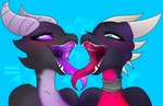 anthro black_body blue_background blue_eyes bodily_fluids cheek_spikes countershading duo eyebrows facial_spikes female female_anthro gaping_mouth horn long_tongue mouth_shot open_mouth pink_body pink_eyes pink_tongue purple_body purple_countershading purple_sclera purple_tongue raised_inner_eyebrows red_body red_countershading red_tongue saliva saliva_string sharp_teeth simple_background spikes spikes_(anatomy) teeth tongue tongue_out uvula white_horn norakaru activision microsoft minecraft mojang mythology spyro_the_dragon xbox_game_studios cynder dragon ender_dragon mythological_creature mythological_scalie scalie