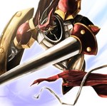 action_pose armor cape clothing flying holding_object holding_weapon looking_offscreen pose shield sky weapon takayu_ki bandai_namco digimon digimon_(species) gallantmon humanoid 2010