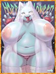 anthro areola big_breasts blush bodily_fluids breasts canid canine canis clothed clothing cocolog curvy_figure english_text featureless_crotch female fingers fur green_eyes halloween hi_res holidays huge_breasts kemono legwear mammal navel nipples overweight overweight_anthro overweight_female pawpads pink_areola pink_nipples portrait roko_(cocolog) slightly_chubby solo standing stockings sweat text thick_thighs thigh_highs three-quarter_portrait tongue tongue_out translucent translucent_clothing veil voluptuous white_body white_fur wide_hips wolf