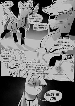anus armwear clothing dominant dominant_female female feral genitals greeting group hanging_by_arms harness horn legwear spread_vulva spreading tail text vulva wings not_today_satan friendship_is_magic hasbro my_little_pony mythology applejack_(mlp) rarity_(mlp) twilight_sparkle_(mlp) equid equine horse mammal mythological_creature mythological_equine pony unicorn winged_unicorn comic english_text hi_res monochrome