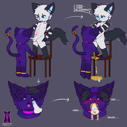 3_eyes anthro belly_blush black_body black_fur blue_eyes blush blush_lines bodily_fluids body_blush chair collar cum cum_in_mouth cum_inside dialogue duo fur furniture genital_fluids male male/male milo_(miloowo) multi_eye pink_eyes psycho_(rfrost) purple_body purple_fur ring solo urine urine_in_mouth watersports white_body white_fur young rfrostp domestic_cat felid feline felis mammal 1:1 hi_res