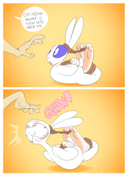 anthro bdsm bondage bound duo feet gag long_ears male open_mouth paws restraints rope rope_bondage soles solo text toes oddjuice lagomorph leporid mammal rabbit comic english_text hi_res