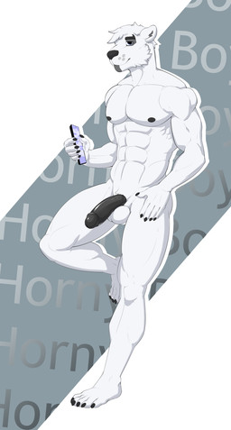abs against_surface against_wall anthro aroused balls body_hair cellphone electronics fluffy genitals happy_trail looking_at_viewer male muscular nipples nude pecs penis phone police police_hat police_officer pose smile smirk solo standing thick_thighs white_body nikrebelis harleo bear mammal polar_bear ursine absurd_res hi_res