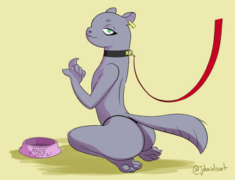 4_toes 5_fingers :3 anthro barefoot bdsm bedroom_eyes bowl butt cat_smile claws clothed clothing collar container ear_piercing feet female finger_claws fingers flat_chested fur green_eyes grey_body grey_fur hindpaw inviting kneeling looking_at_viewer looking_back looking_back_at_viewer narrowed_eyes paws pet_bowl petplay piercing rear_view roleplay seductive seiza simple_background sitting smile smiling_at_viewer smug soles solo thong toe_claws toes topless underwear jdanieloart brand_new_animal studio_trigger marie_itami mammal mink mustelid musteline true_musteline absurd_res hi_res