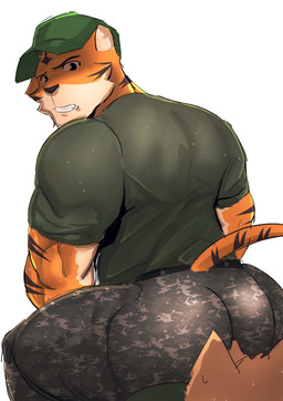 anthro bodily_fluids bottomwear butt camo camo_bottomwear camo_clothing camo_pants camo_print clothing countershading duo facesitting fur fur_markings green_bottomwear green_clothing green_pants green_shirt green_topwear hat headgear headwear looking_at_another looking_back male male/male male_on_bottom male_on_top markings military military_cap military_hat military_pants military_uniform muscular muscular_anthro muscular_male on_bottom on_top orange_body orange_fur pants pattern_bottomwear pattern_clothing pattern_pants rear_view shirt sitting_on_another striped_markings stripes sweat tan_body tan_fur teeth topwear uniform goldlightyou canid felid mammal pantherine tiger absurd_res hi_res