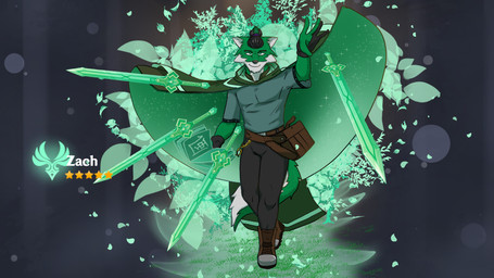 anthro bottomwear cloak clothed clothing elemental_manipulation fur gacha_card green_body green_fur hair hood looking_at_viewer magic male melee_weapon shirt smile solo sword text topwear weapon white_body white_fur wind zachsroom genshin_impact mihoyo zachary_aethern canid canine canis mammal wolf 16:9 2021 digital_media_(artwork) hi_res widescreen