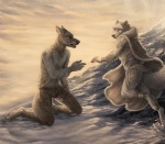 anthro black_body black_fur blind claws close-up clothing coat detailed_fur disability duo fluffy fluffy_tail fur kneeling male male/male markings outside running snow tail topwear white_body white_fur winter rukis puquanah ransom canid canine canis mammal wolf 2015 concept_art detailed