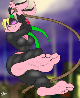 4_toes anthro big_feet black_clothing blonde_hair breasts cleavage clothed clothing feet female foot_focus fur hair humanoid_feet kick long_ears pink_body pink_eyes pink_fur plantigrade ponytail_ears rope simple_background smile smirk soles solo swinging toes wrinkles conditional_dnp zp92 loonatics_unleashed looney_tunes warner_brothers lexi_bunny lagomorph leporid mammal rabbit 2015 digital_media_(artwork) hi_res