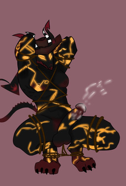 4_eyes 4_horns anthro balls bdsm big_penis black_body bodily_fluids bondage bound claws clothing cum cum_on_penis cumshot ejaculation empty_eyes erection fangs genital_fluids genitals glowing glowing_eyes hat headgear headwear horn humanoid_genitalia humanoid_penis male multi_eye multi_horn muscular muscular_anthro muscular_male nipples non-mammal_balls non-mammal_nipples nude penis solo tail teeth wings yellow_eyes uppy_manguito hellaverse helluva_boss mythology satan_(helluva_boss) demon demon_dragon dragon mythological_creature mythological_scalie scalie hi_res