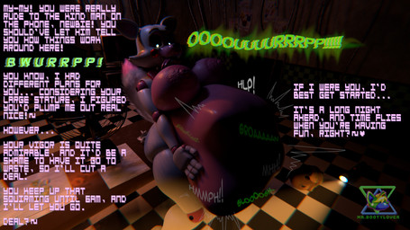 anthro belly belly_grab big_belly big_breasts breasts burping calling_for_help desk digestion_teasing duo endosoma female female_pred flashlight freddy_mask_(fnaf) furniture glowing glowing_eyes heart_symbol holding_stomach huge_belly hyper hyper_belly machine muffled_speech onomatopoeia paper rumbling_stomach safe_vore same_size_vore sitting sitting_on_desk sound_effects struggling struggling_prey table talking_to_prey text tongue tongue_out unseen_prey vore mr.bootylover octal_(modeler) five_nights_at_freddy's five_nights_at_freddy's_2 scottgames freddy_(fnaf) mangle_(fnaf) animatronic canid canine fox mammal robot 16:9 3d_(artwork) digital_media_(artwork) english_text hi_res widescreen