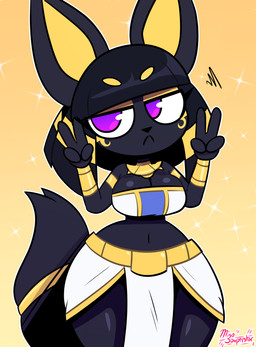 accessory anthro armor big_breasts black_body black_fur black_hair blue_bottomwear blue_clothing blue_skirt blue_topwear bottomwear bracers breasts clothing double_v_sign egyptian female front_view frown fur gesture hair hand_gesture looking_away markings midriff purple_eyes shortstack skirt solo sparkles thick_thighs topwear usekh v_sign white_bottomwear white_clothing white_skirt white_topwear wide_hips yellow_body yellow_eyelids yellow_fur yellow_inner_ear yellow_markings miso_souperstar nal_(miso_souperstar) anubian_jackal canid canine canis jackal mammal 2026 absurd_res hi_res