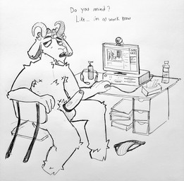 anthro balls cam_show camera clothing computer electronics erection genitals hooves jockstrap livestream male penis solo text underwear webcam discostang2 bovid caprine goat mammal english_text monochrome