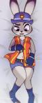 anthro bed biped bottomwear clothing dakimakura female footwear furniture legwear lying on_bed police shorts socks solo teasing toeless_footwear toeless_socks uniform neonlink disney zootopia judy_hopps lagomorph leporid mammal rabbit dakimakura_design hi_res