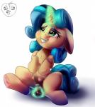2017 bite biting_lip biting_own_lip blue_hair blush clitoris equid equine fan_character female feral fidget_spinner genitals glowing hair hasbro hi_res hooves horn improvised_sex_toy magic mammal meme my_little_pony mythological_creature mythological_equine mythology oddciders pussy self_bite simple_background solo teats unicorn white_background
