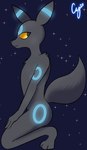 anthro bioluminescence black_body black_fur blue_body blue_fur fur glowing kneeling male solo yellow_sclera cybeeyoru nintendo pokemon umbreon_day eeveelution generation_2_pokemon pokemon_(species) shiny_pokemon umbreon hi_res