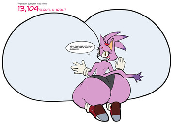 accessory anthro big_breasts big_butt black_bottomwear black_clothing black_eyebrows black_nose black_shorts blush bodily_fluids bottomwear breast_expansion breasts butt butt_expansion clothed clothing dialogue donation_drive expansion eyebrows eyelashes female footwear forehead_gem gem gloves hair hair_accessory hairband hand_on_breast hand_on_own_breast handwear huge_breasts huge_butt hyper hyper_breasts kneeling looking_at_viewer looking_back looking_back_at_viewer multicolored_body purple_body purple_ears purple_hair purple_tail rear_view red_clothing red_footwear red_gem red_hairband red_shoes shoes shorts smile smiling_at_viewer solo speech_bubble sweat sweaty_butt tail talking_to_viewer tan_inner_ear text thick_thighs tight_clothing topless topless_anthro topless_female two_tone_body white_body white_clothing white_gloves white_handwear yellow_eyes klacket sega sonic_the_hedgehog_(series) blaze_the_cat domestic_cat felid feline felis mammal 2026 absurd_res colored digital_media_(artwork) english_text flat_colors hi_res