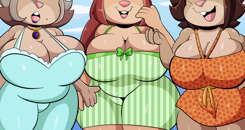 anthro big_breasts biped blue_clothing breasts brown_body brown_hair cleavage clothed clothing dress faceless_character female freckled_breasts freckles glistening glistening_body green_clothing green_dress group hair mature_anthro mature_female orange_clothing orange_dress overweight overweight_anthro overweight_female shortstack thick_thighs trio wide_hips someth1ngoranother mammal mouse murid murine rodent absurd_res hi_res