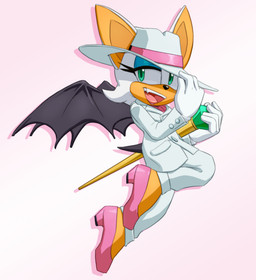 anthro big_ears blue_eyeshadow cane clothing countershade_face countershade_feet countershading eyeshadow feet female footwear furgonomic_headwear furgonomics gem green_eyes high_heels makeup membrane_(anatomy) membranous_wings one_fang open_mouth open_smile pointy_ears shoes smile solo wings joeadok sega sonic_the_hedgehog_(series) rouge_the_bat bat mammal