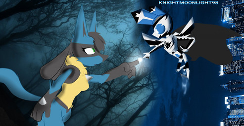 anthro armor black_body black_fur blue_body blue_fur breasts cape chibi clothed clothing detailed_background duo female fluffy fluffy_tail fur green_eyes male multicolored_body multicolored_fur open_mouth spikes tail knightmoonlight98 nintendo pokemon generation_4_pokemon lucario pokemon_(species)