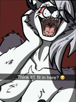 anthro areola black_areola black_nose breasts cheek_tuft facial_tuft female front_view fur grey_body grey_fur grey_hair hair looking_at_viewer nude one_eye_closed open_mouth red_background red_sclera sharp_teeth simple_background solo teeth text tuft uvula white_body white_eyes white_fur wink winking_at_viewer pen-and-paper hellaverse helluva_boss mythology snapchat loona_(helluva_boss) canid canid_demon canine demon hellhound mammal mythological_canine mythological_creature hi_res