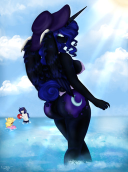 anthro ball bikini bikini_bottom bikini_top breasts butt clothing cutie_mark female hat headgear headwear horn inflatable inner_tube looking_back sea side_boob sky skyscape solo sun sun_hat swimwear two-piece_swimsuit volleyball_(ball) water wings synthsparkle friendship_is_magic hasbro my_little_pony mythology nightmare_moon_(mlp) equid equine mammal mythological_creature mythological_equine winged_unicorn absurd_res hi_res