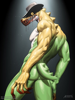 anthro blood blood_drip blood_from_mouth blood_in_mouth blood_on_hand blood_on_mouth blood_on_teeth bodily_fluids butt candy casual_nudity claws clothing cowboy_hat creepy creepy_face dessert dripping food hat hat_only headgear headgear_only headwear headwear_only light looking_at_viewer looking_back male mostly_nude multicolored_body muscular muscular_anthro muscular_male nipples nude obliques pecs pupils scales scary serratus shadow_face sharp_teeth short_tail simple_background slit_pupils solo spikes spikes_(anatomy) spotlight standing tail teeth yellow_eyes amon-sydonai glitch_productions the_amazing_digital_circus evil_gummigoo_(tadc) gummigoo_(tadc) alligator alligatorid crocodilian food_creature living_candy reptile scalie 2026 3:4 hi_res lighting shaded signature watermark