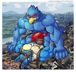 abs anthro areola beak biceps big_muscles biped black_body black_fur blue_body blue_feathers blue_fur border bulge bulge_frottage burning_building city clothing destruction detailed_bulge duo feathers fur genital_outline kneeling lying macro male male/male muscular muscular_anthro muscular_male nipples pecs penis_outline red_clothing red_underwear speedo spikes spikes_(anatomy) swimwear train underwear vehicle white_border wolfmalro nintendo pokemon star_fox falco_lombardi maxwell_kyris avian bird canid canine eeveelution generation_2_pokemon generation_4_pokemon lucario mammal pokemon_(species) shiny_pokemon umbreon hi_res