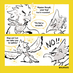 anthro chibi clothing dialogue duo feathers male scarf spread_wings text wings aukives breath_of_the_wild nintendo the_legend_of_zelda revali teba_(tloz) avian bird rito 1:1 english_text