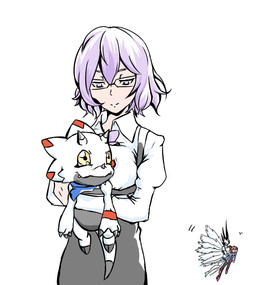 anthro chibi eyewear female glasses hair kerchief male purple_hair white_body yellow_eyes ulforce_soul bandai_namco digimon digimon_ghost_game mirei_mikagura digimon_(species) gammamon human mammal