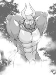 abs anthro fur horn male muscular muscular_male nude pecs simple_background solo tail orange-lin hunter_x_hunter bihorn_(hunter_x_hunter) bovid bovine cattle chimera_ant mammal 3:4 absurd_res hi_res monochrome