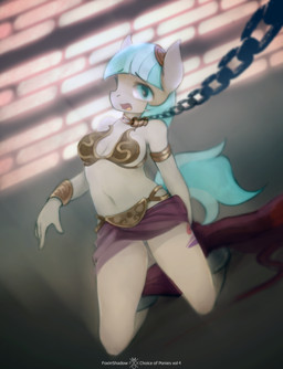anthro anthrofied armlet biped blue_eyes blue_hair bracelet breasts chain chain_leash cleavage clothed clothing collar costume cutie_mark eyebrow_through_hair eyebrows eyelashes female gold_(metal) gold_collar hair jewelry kneeling leash metal_bikini metal_collar slave slave_leia_costume solo translucent translucent_hair foxinshadow friendship_is_magic hasbro my_little_pony star_wars coco_pommel_(mlp) earth_pony equid equine horse mammal pony 2015 absurd_res hi_res