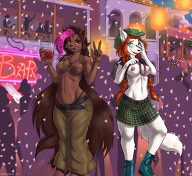 alcohol anthro beads beverage black_nose boots bottomwear breasts brown_body brown_fur brown_hair clothed clothing clothing_lift confetti duo exhibitionism exposed_breasts female flashing flashing_breasts footwear fur hair holidays long_hair multicolored_hair nipples pants pigtails pink_hair public public_exposure red_hair shirt shirt_lift shoes skirt topless topless_anthro topless_female topwear two_tone_hair white_body white_fur jackunator carnival_(holiday) mardi_gras cece_(blustar34) iris_(blustar34) canid canine canis fox hybrid hyena mammal wolf digital_drawing_(artwork) digital_media_(artwork) hi_res story story_in_description
