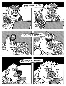 anthro beard bodily_fluids controller dialogue drooling drugs electronics facial_hair game_controller gaming group hypnosis hypnotic_screen male marijuana mind_control overweight overweight_male phone playing_video_game ringed_eyes saliva text transformation trio billy_fore billy_fore_(character) kanada_(character) bear canid canine felid feline mammal suid suine sus_(pig) black_and_white comic english_text hi_res monochrome