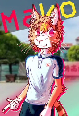 5_fingers anthro beard brown_body brown_fur clothing facial_hair fingers fur hair male orange_body orange_fur orange_hair pawpads paws photo_background pink_nose pink_pawpads red_eyes school school_uniform smile solo student tail text uniform white_body white_clothing white_fur white_paws young young_male mako114 mako_(mako1002) domestic_cat felid feline felis mammal hi_res photography_(artwork)