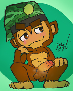 3_toes anthro balls beret blush bodily_fluids clothing feet genital_fluids genitals hat headgear headwear male musk musky_balls penis precum solo toes gaygoat bloons_tower_defense ninja_kiwi sniper_monkey_(bloons) haplorhine mammal monkey primate hi_res
