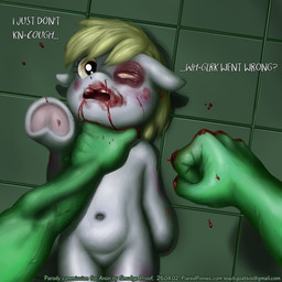 ambiguous_gender blood bodily_fluids bruised crying duo featureless_crotch feral first_person_view floor gore grimdark muscular navel tears text vein violence young smudge_proof friendship_is_magic hasbro my_little_pony anon derpy_hooves_(mlp) humanoid 1:1 english_text hi_res url