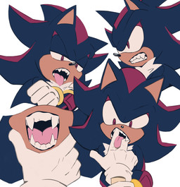 anthro bared_teeth black_body black_fur chest_tuft close-up clothing disembodied_hand duo fangs finger_in_mouth front_view fur gloves handwear holding_chin holding_tongue licking lidded_eyes male markings mouth_focus red_eyes red_markings side_view simple_background teeth tongue tongue_out tuft white_background nenemyun sega sonic_the_hedgehog_(series) shadow_the_hedgehog eulipotyphlan hedgehog mammal 2026 absurd_res digital_drawing_(artwork) digital_media_(artwork) english_description hi_res multiple_scenes