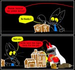 anthro black_body black_fur blowtorch clothed clothing comic_panel confusion dessert dialogue duo face_shield food fur gingerbread gingerbread_house holidays male mask power_tool simple_background tape_measure text tools welding_mask whiskers yellow_eyes nylonheretic christmas omen_(nylonheretic) specter_(nylonheretic) domestic_cat felid feline felis mammal comic english_text hi_res