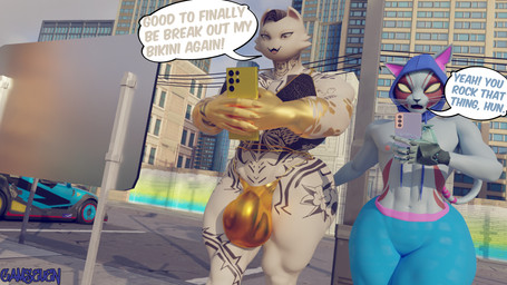 anthro black_nose blue_clothing blue_hood blue_swimming_trunks blue_swimwear brown_hair building bulge cellphone cheek_tuft clothing cybernetic_hand cybernetics detailed_bulge dialogue duo electronics eye_scar facial_scar facial_tuft fur fur_tuft furgonomic_headwear furgonomic_hood furgonomics gold_body hair holding_cellphone holding_object holding_phone holding_smartphone hood leg_tattoo looking_at_cellphone looking_at_object looking_at_phone machine male multicolored_body multicolored_fur muscular muscular_anthro muscular_male navel neck_tattoo nipples notched_ear open_mouth open_smile phone pink_inner_ear red_body red_fur scar sign smartphone smile speech_bubble swimming_trunks swimwear tail talking_to_another tattoo text tuft whiskers white_body white_fur yellow_eyes camseven nes67911_(modeler) asian_mythology east_asian_mythology epic_games fortnite japanese_mythology mythology meowdas nyanja_(fortnite) domestic_cat felid feline felis mammal nekomata yokai 16:9 3d_(artwork) digital_media_(artwork) english_text hi_res widescreen