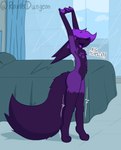 anthro bed big_ears big_tail building curtains_open detailed_background dialogue femboy fur furniture glass_window hair male nude paw_markings pawpads paws purple_body purple_fur purple_hair skyscraper solo stretching tail roxo_(artist) roxo canid canine fennec_fox fox mammal true_fox absurd_res hi_res shaded signature