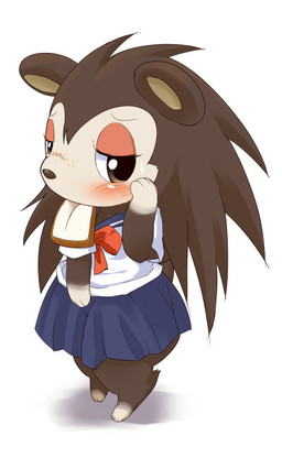 anthro asian_clothing blush bread brown_body brown_fur brown_hair clothing east_asian_clothing female food fur hair japanese_clothing japanese_school_uniform kemono school_uniform serafuku simple_background solo student uniform white_background ukan_muri animal_crossing nintendo sable_able eulipotyphlan hedgehog mammal