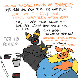 anthro belly big_belly big_breasts big_butt big_tail black_body black_eyes blue_eyes bottomwear breasts butt clothed clothing dialogue duo eating_contest female food fur hot_dog huge_belly huge_breasts huge_butt huge_thighs hyper hyper_butt markings midriff multicolored_body obese obese_anthro obese_female orange_body orange_fur overweight overweight_anthro overweight_female purple_eyes red_sclera shorts simple_background smile stretch_marks stuffing tail text thick_thighs topwear torn_clothing wardrobe_malfunction weight_gain weight_gain_sequence yellow_body yellow_fur zandyzolo nintendo pokemon vi_(zandyzolo) eeveelution flareon generation_1_pokemon generation_2_pokemon pokemon_(species) umbreon 1:1 english_text hi_res