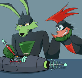 anthro beak black_body black_bodysuit black_clothing black_ears black_fur black_hair black_nose black_skinsuit bodysuit clothed clothing duo feather_hair feathers fur gloves green_body green_bodysuit green_clothing green_eyes green_fur green_gloves green_handwear green_skinsuit hair half-closed_eyes handwear head_on_hand holding_object looking_at_another love machine male male/male multicolored_body multicolored_bodysuit multicolored_clothing multicolored_fur multicolored_skinsuit narrowed_eyes orange_beak pseudo_hair ranged_weapon raygun red_bodysuit red_clothing red_feather_hair red_hair red_skinsuit repair romantic romantic_couple sharp_teeth skinsuit smile teeth tight_clothing two_tone_body two_tone_bodysuit two_tone_clothing two_tone_fur two_tone_skinsuit weapon wire yellow_eyes fernypaw loonatics_unleashed looney_tunes warner_brothers rev_runner tech_e._coyote avian bird canid canine canis coyote cuculiform mammal new_world_ground_cuckoo roadrunner 2024 digital_media_(artwork) hi_res