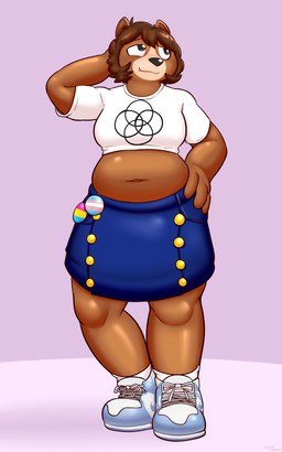 anthro belly big_belly big_breasts black_nose bottomwear breasts brown_body brown_fur brown_hair button_(fastener) clothing countershade_snout countershading crop_top deep_navel denim denim_bottomwear denim_clothing denim_skirt female footwear fur grey_eyes hair hand_behind_head hand_on_hip lgbt_pride navel pansexual_pride_colors plurality_symbol pride_colors round_ears shirt shoes skirt slightly_chubby slightly_chubby_anthro slightly_chubby_female sneakers snout solo standing topwear transgender_pride_colors white_clothing white_shirt white_topwear felino caoimhe_lundin bear mammal 2025 5:8 absurd_res hi_res adult_(lore) nonbinary_(lore) trans_(lore)